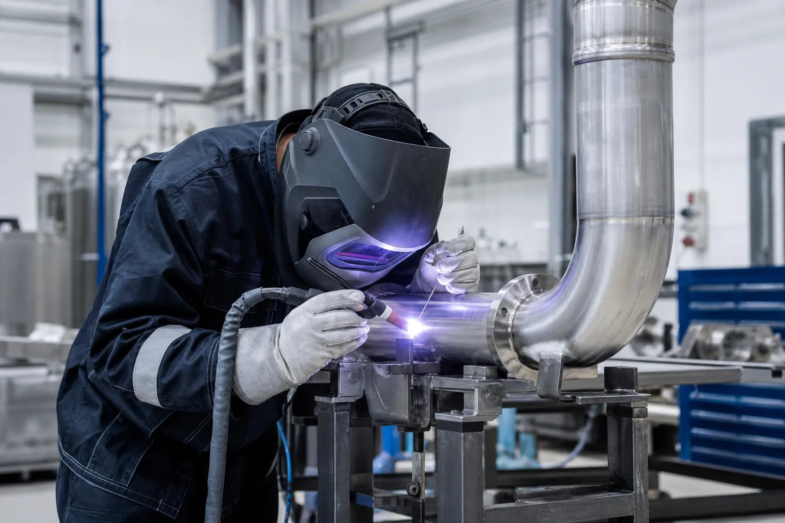 Spawacz wykonujący połączenie TIG na rurociągu technologicznym